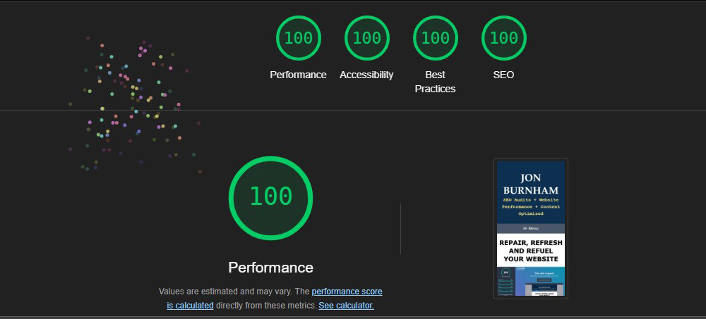 Google lighthouse 100% score performance result screenshot