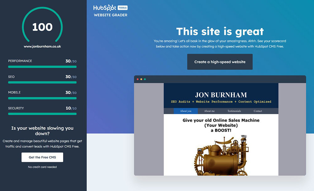 hubspot website grader performance screenshot