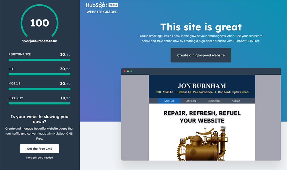 Hubspot website test grader full marks 100% performance metric screenshot